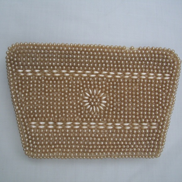 Champagne Faux Pearl Beaded Evening Bag Vintage - Picture 2 of 4